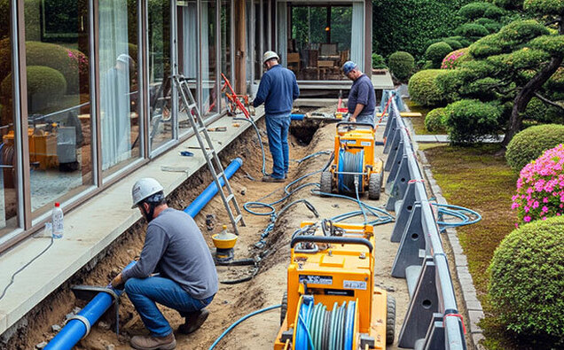 Plumbers Working Blue Pipes